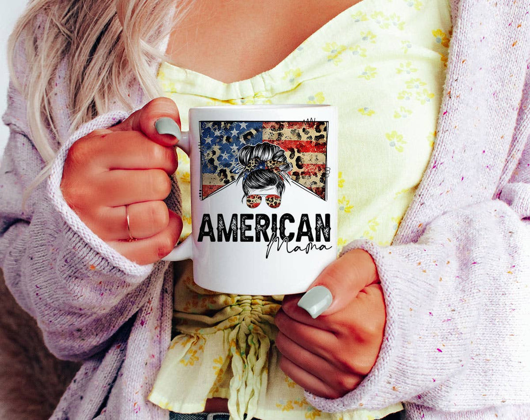 "American Mama" design on a white ceramic coffee mug