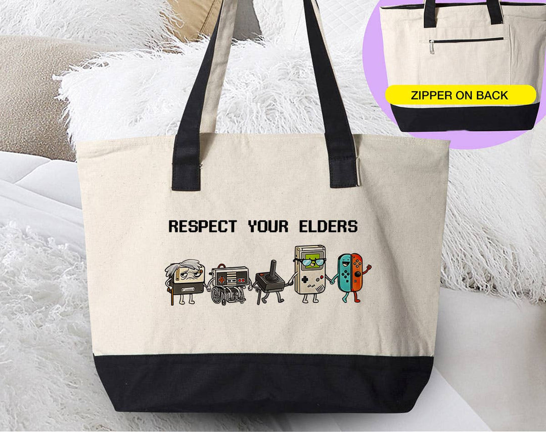 "Respect Your Elders Funny Gaming Controllers" design on a natural canvas zippered tote bag