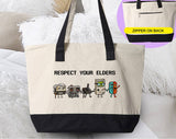 "Respect Your Elders Funny Gaming Controllers" design on a natural canvas zippered tote bag