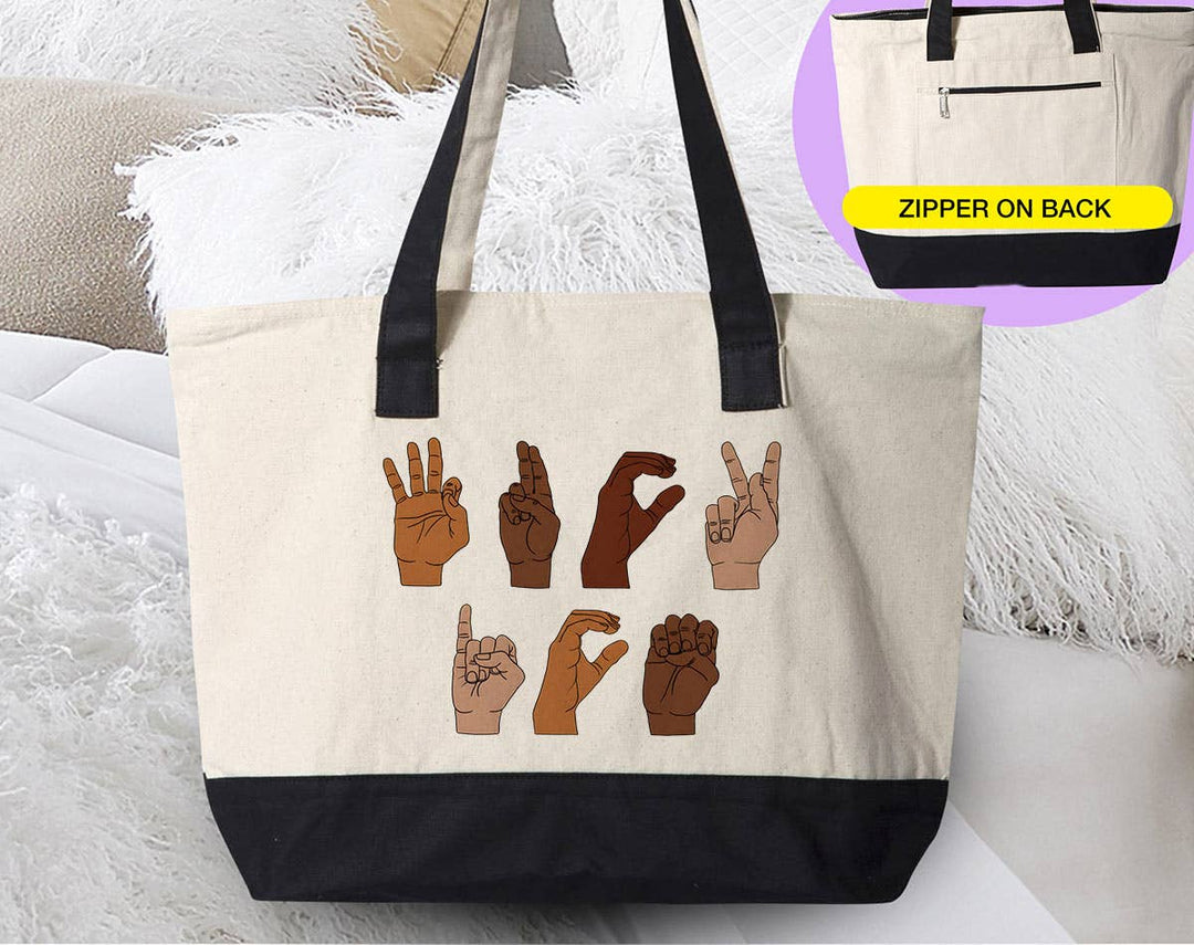 "Fuck Ice Hand Sign Language" design on a natural canvas zippered tote bag