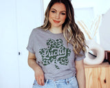 "Lucky Leopard Clover" design on a heather gray unisex t-shirt