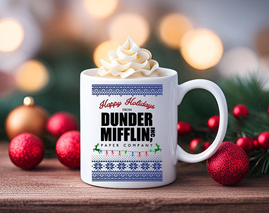 "Dunder Mifflin Christmas" Christmas design on a white coffee mug