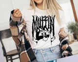 "Muffin Metal" design on a white unisex t-shirt