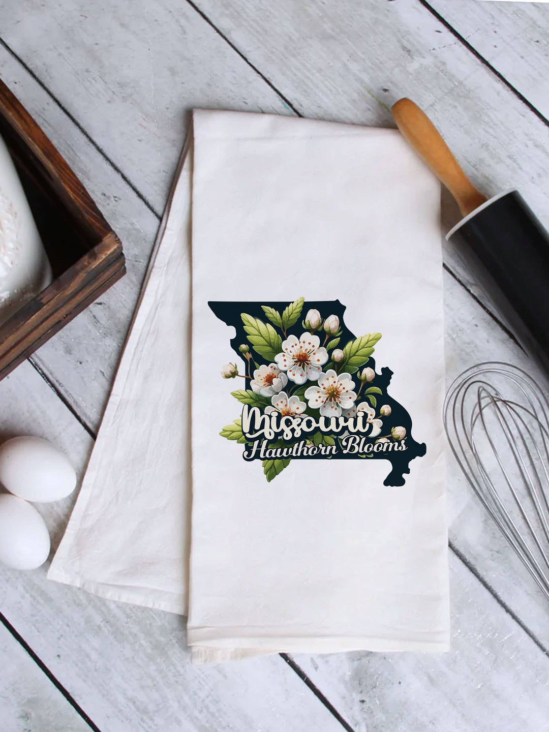 "Missouri State Flower Hawthorn Blossom" design on a white 28 x 28 inch flour sack tea towel