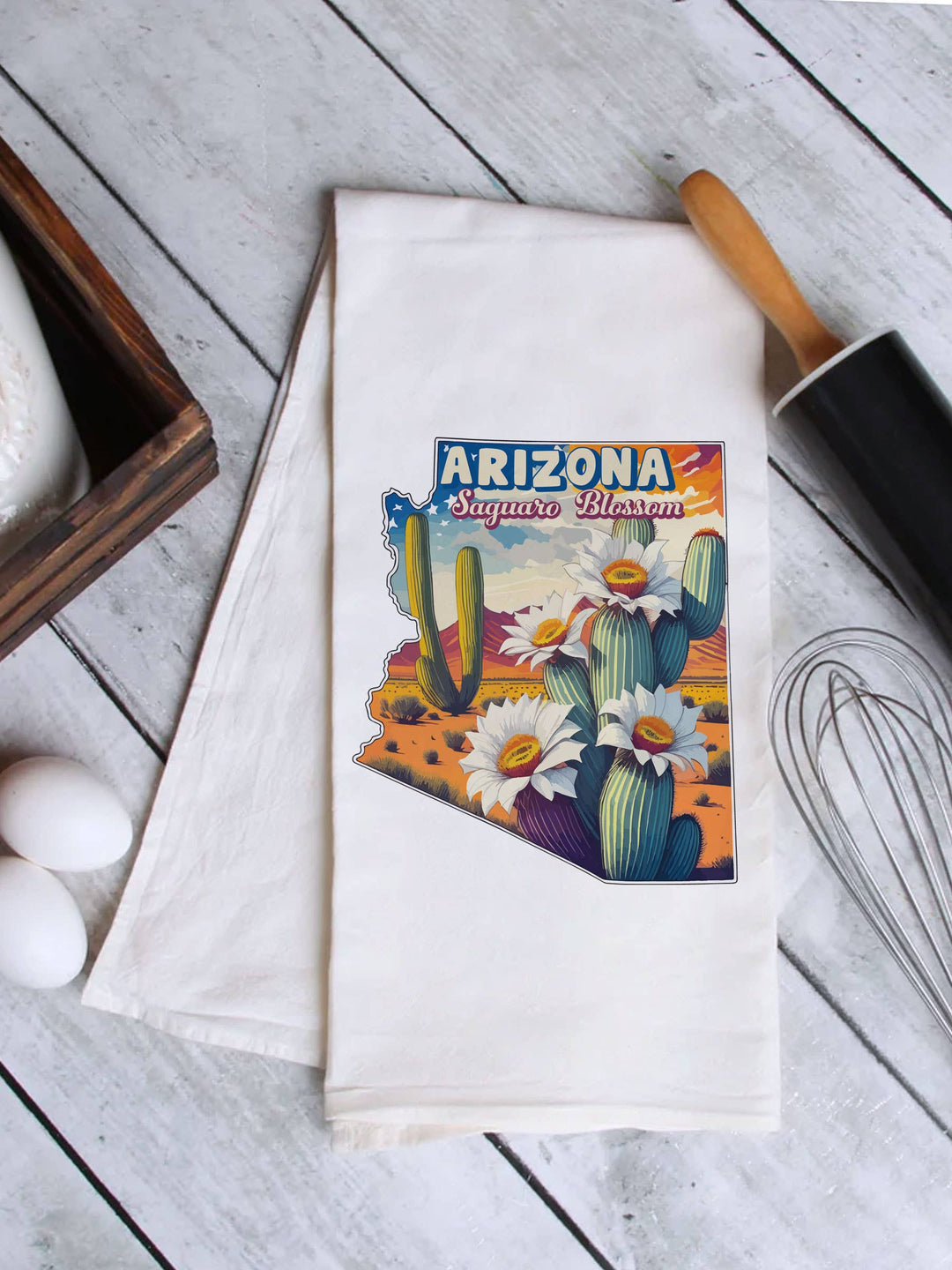 "Arizona State Flower Saguaro Blossom" design on a white 28 x 28 inch flour sack tea towel