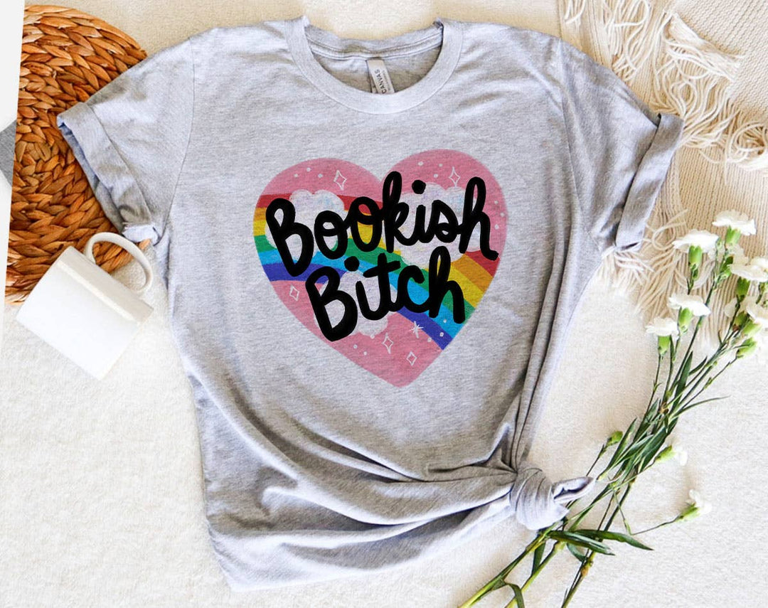 "Bookish B*tch" design on a heather gray unisex t-shirt
