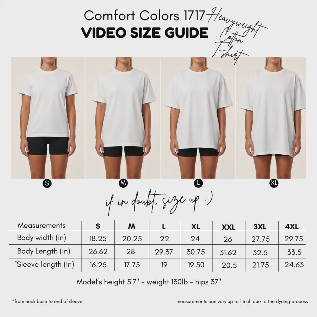 Comfort Colors 1717 video size guide showing S to XL fit with measurements