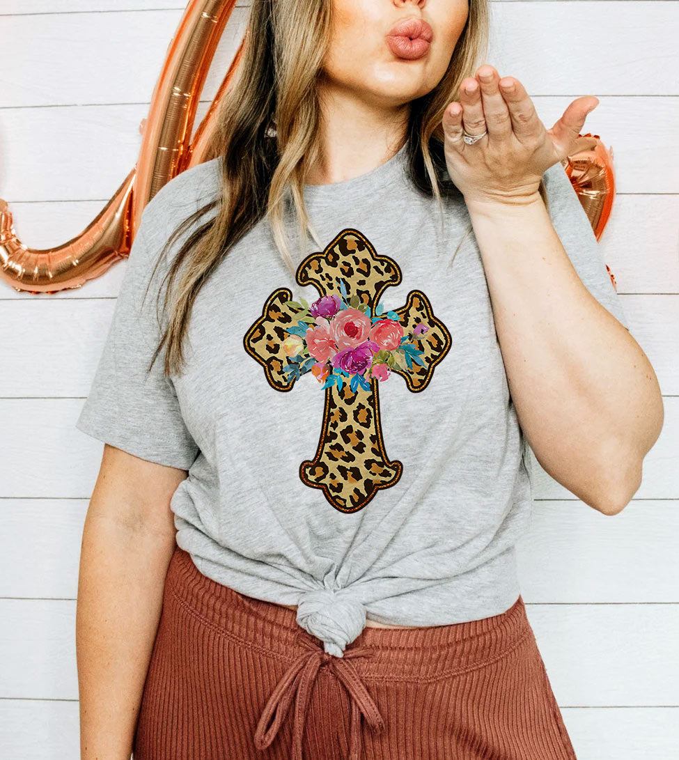 Leopard Print Easter Cross - Easter Cute Religious God Jesus Cross T-Shirt