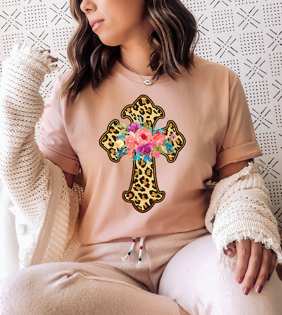 Leopard Print Easter Cross - Easter Cute Religious God Jesus Cross T-Shirt