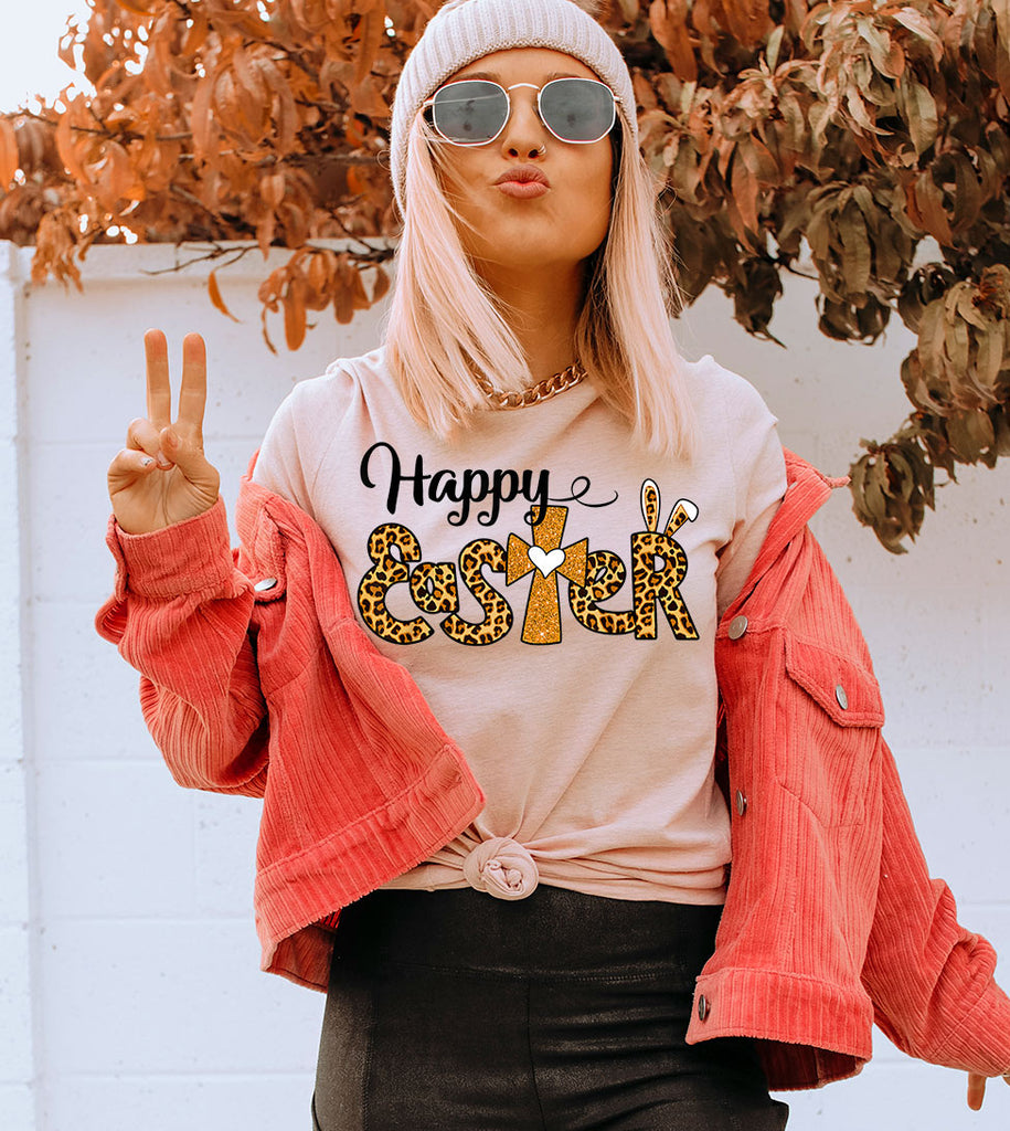 Happy Easter Colorful - Easter Cute Religious God Jesus Leopard Print Glitter T-Shirt