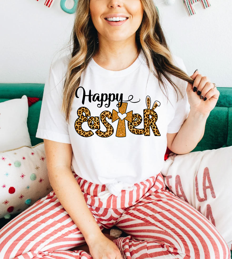 Happy Easter Colorful - Easter Cute Religious God Jesus Leopard Print Glitter T-Shirt
