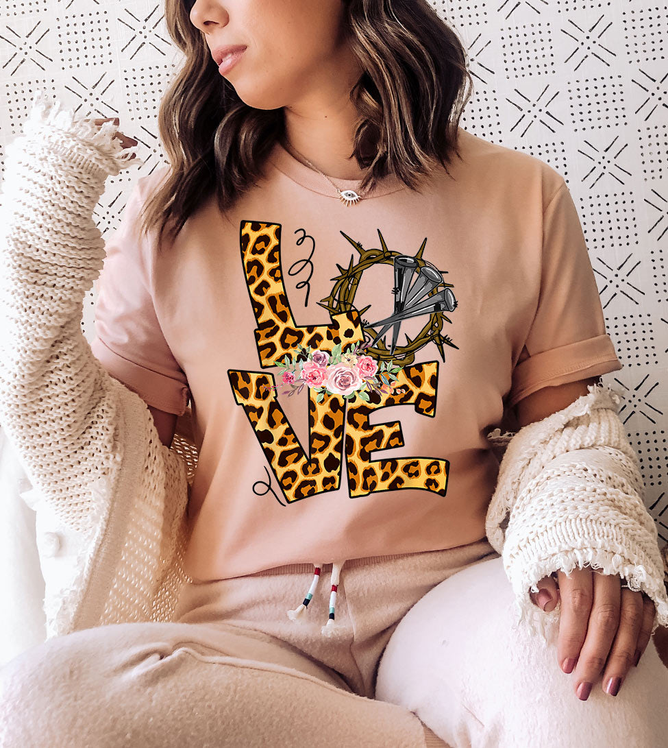 Love Crown Flowers - Easter Cute Leopard Print Love Religious God Jesus Cross T-Shirt