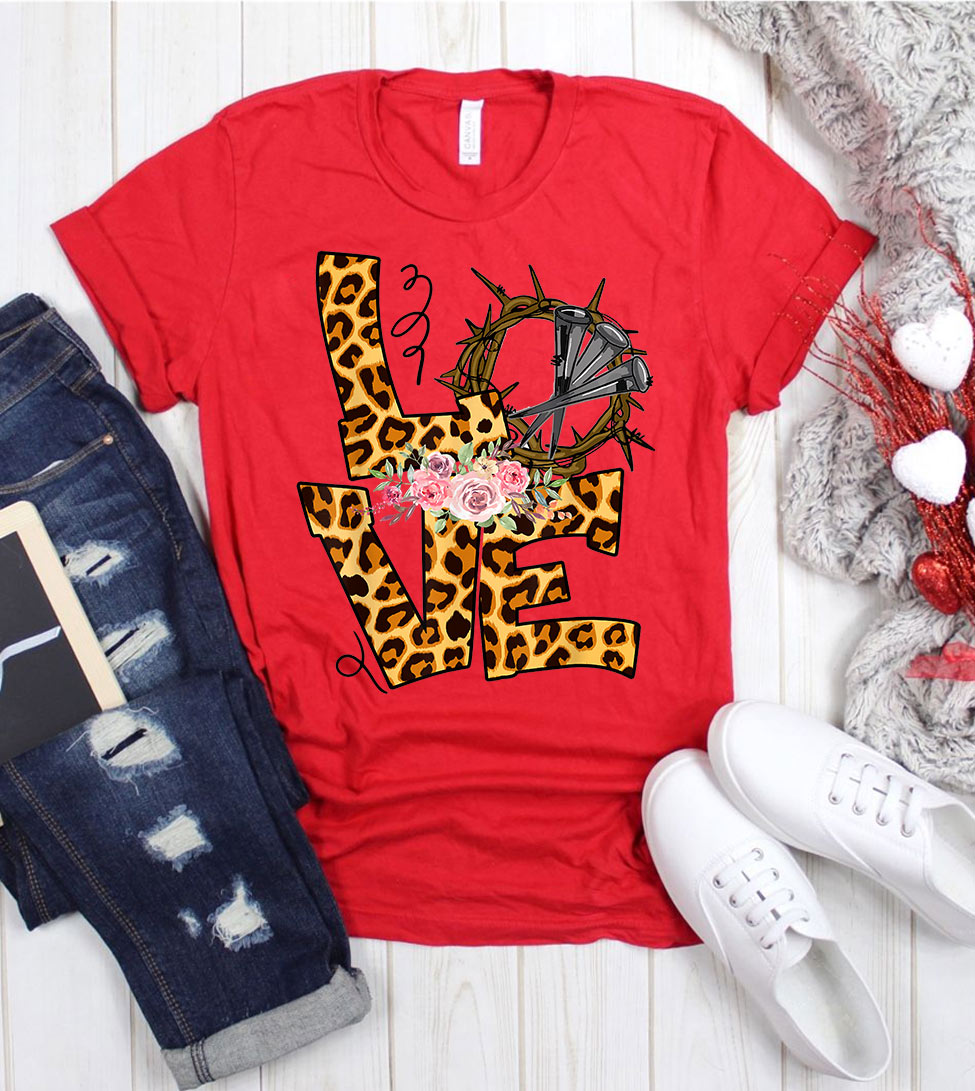 Love Crown Flowers - Easter Cute Leopard Print Love Religious God Jesus Cross T-Shirt
