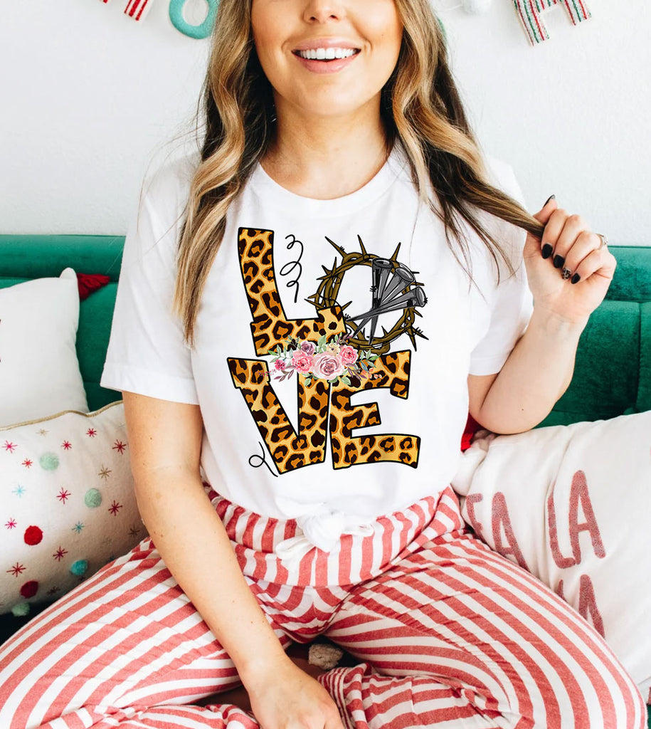Love Crown Flowers - Easter Cute Leopard Print Love Religious God Jesus Cross T-Shirt