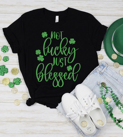 "Not Lucky Just Blessed" design on a black unisex t-shirt