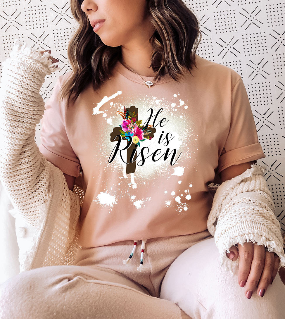He Is Risen Cross - Easter Religious God Jesus Christian Flowers T-Shirt